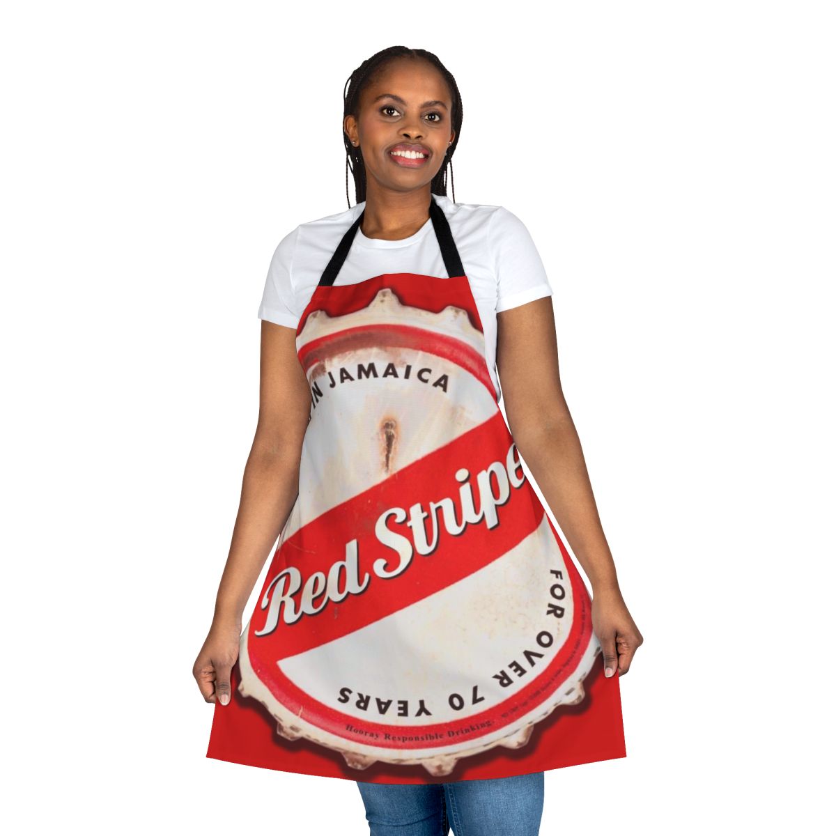 Red and white striped apron with bottle cap design, perfect for Jamaica-inspired cooking and hosting
