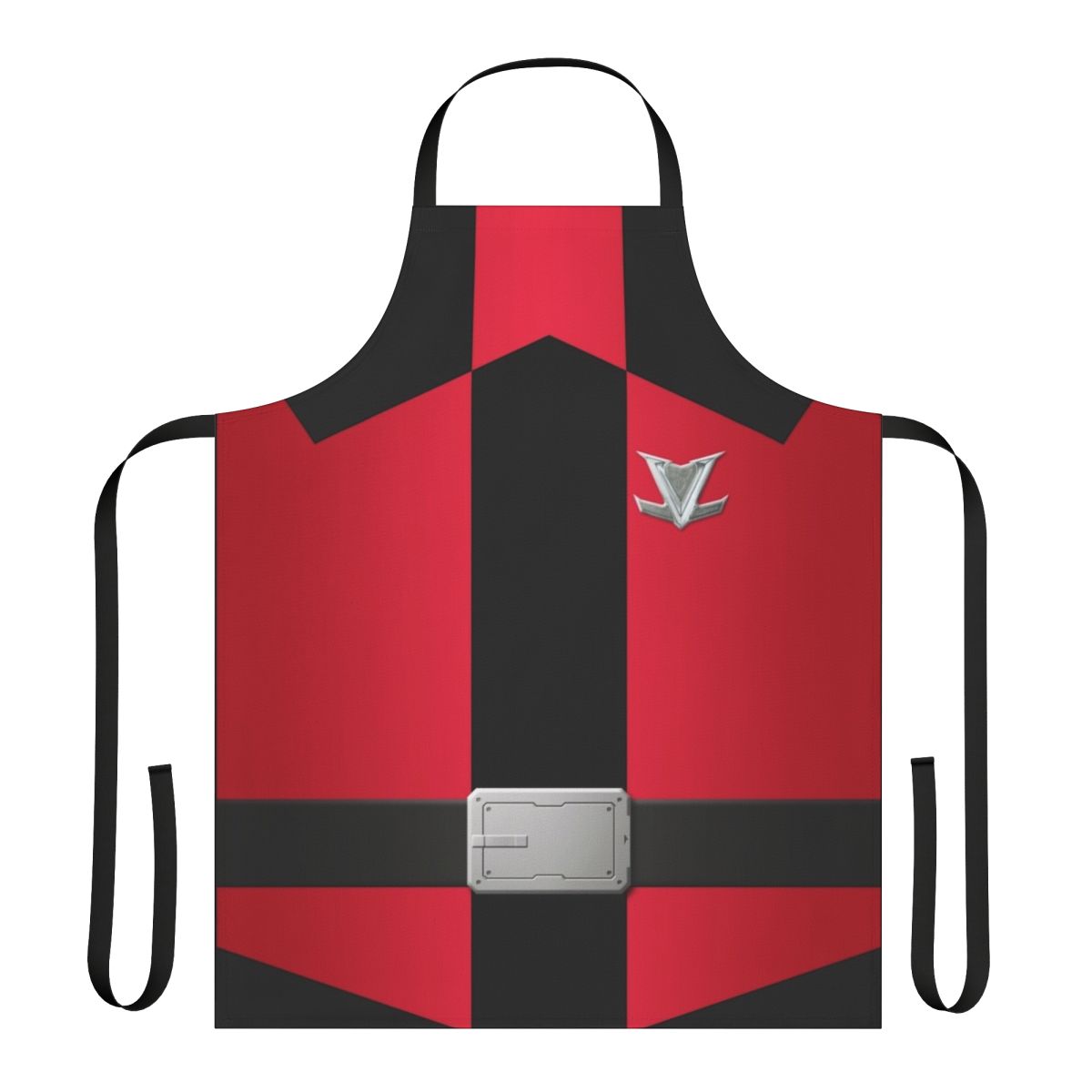 Stylish red apron with a superhero-inspired design, perfect for cosplay or everyday cooking.