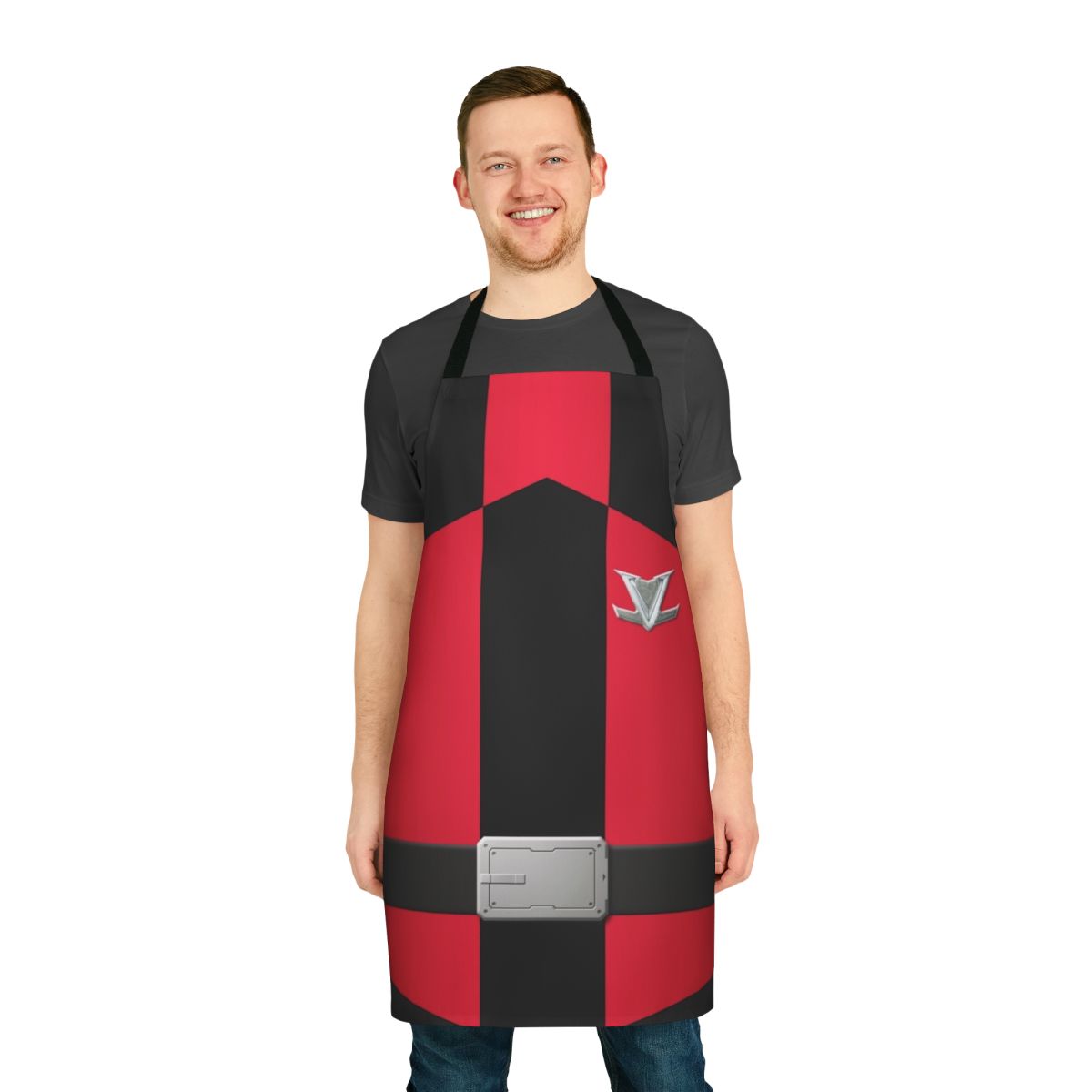 Stylish red apron with a superhero-inspired design, perfect for cosplay or everyday cooking.