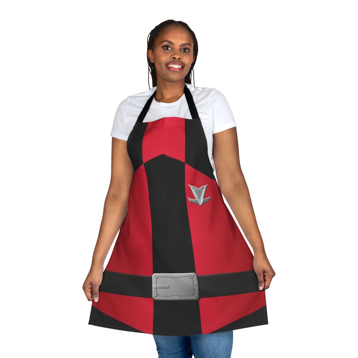 Stylish red apron with a superhero-inspired design, perfect for cosplay or everyday cooking.