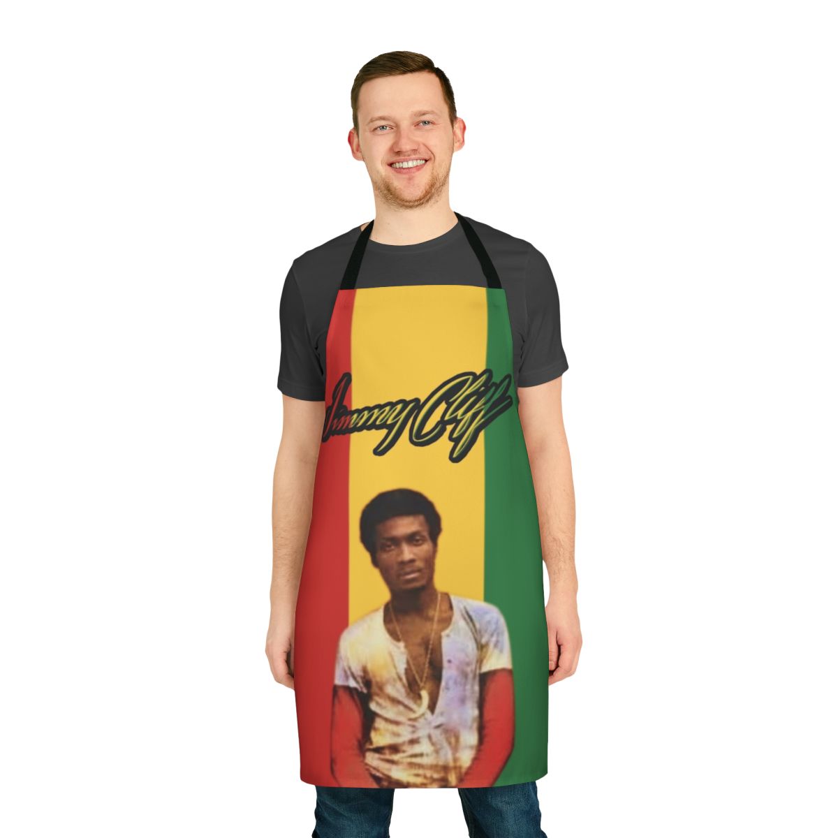 Colorful apron with reggae artist Jimmy Cliff and Jamaican imagery