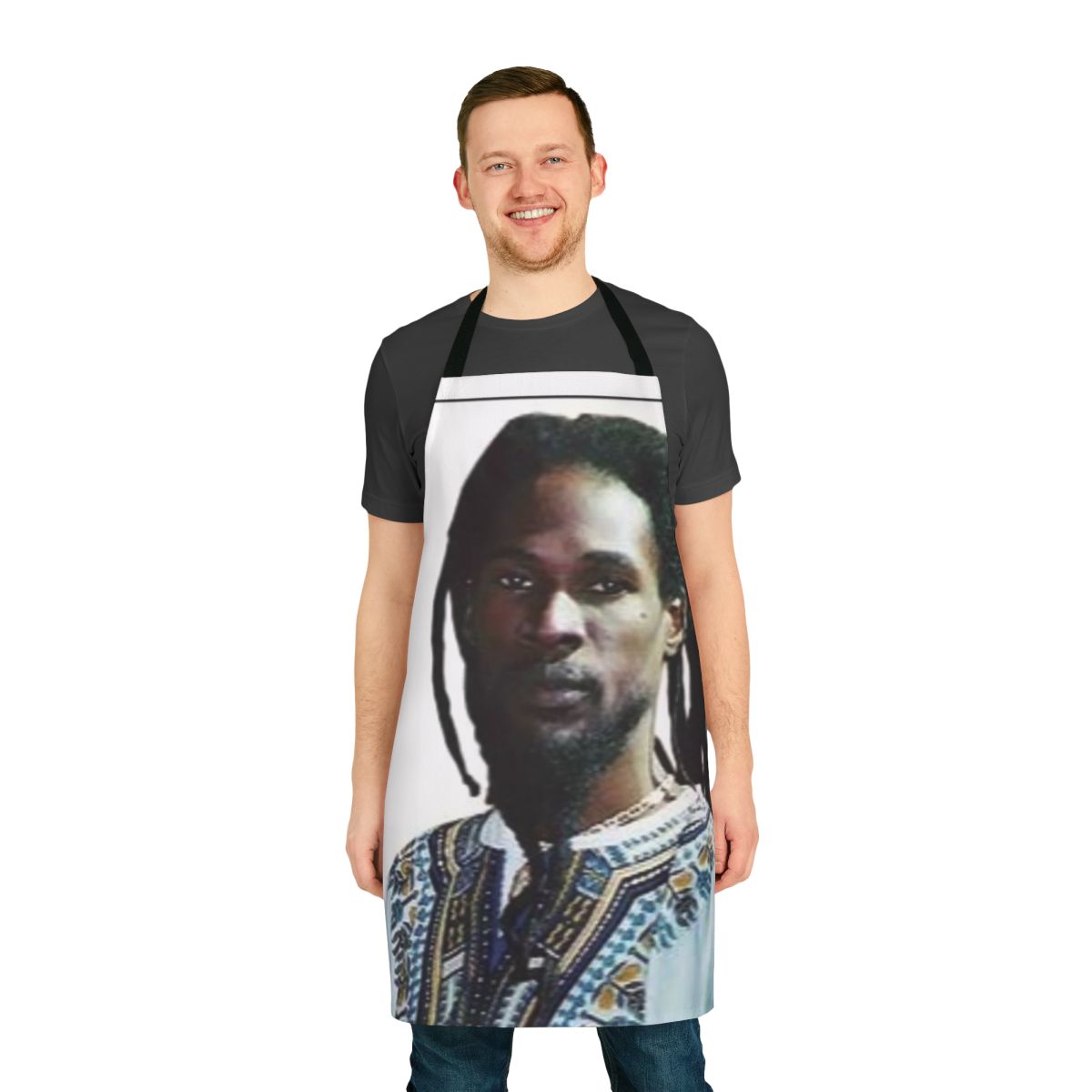 Colorful apron featuring reggae artist Vaughn Benjamin's Midnite design