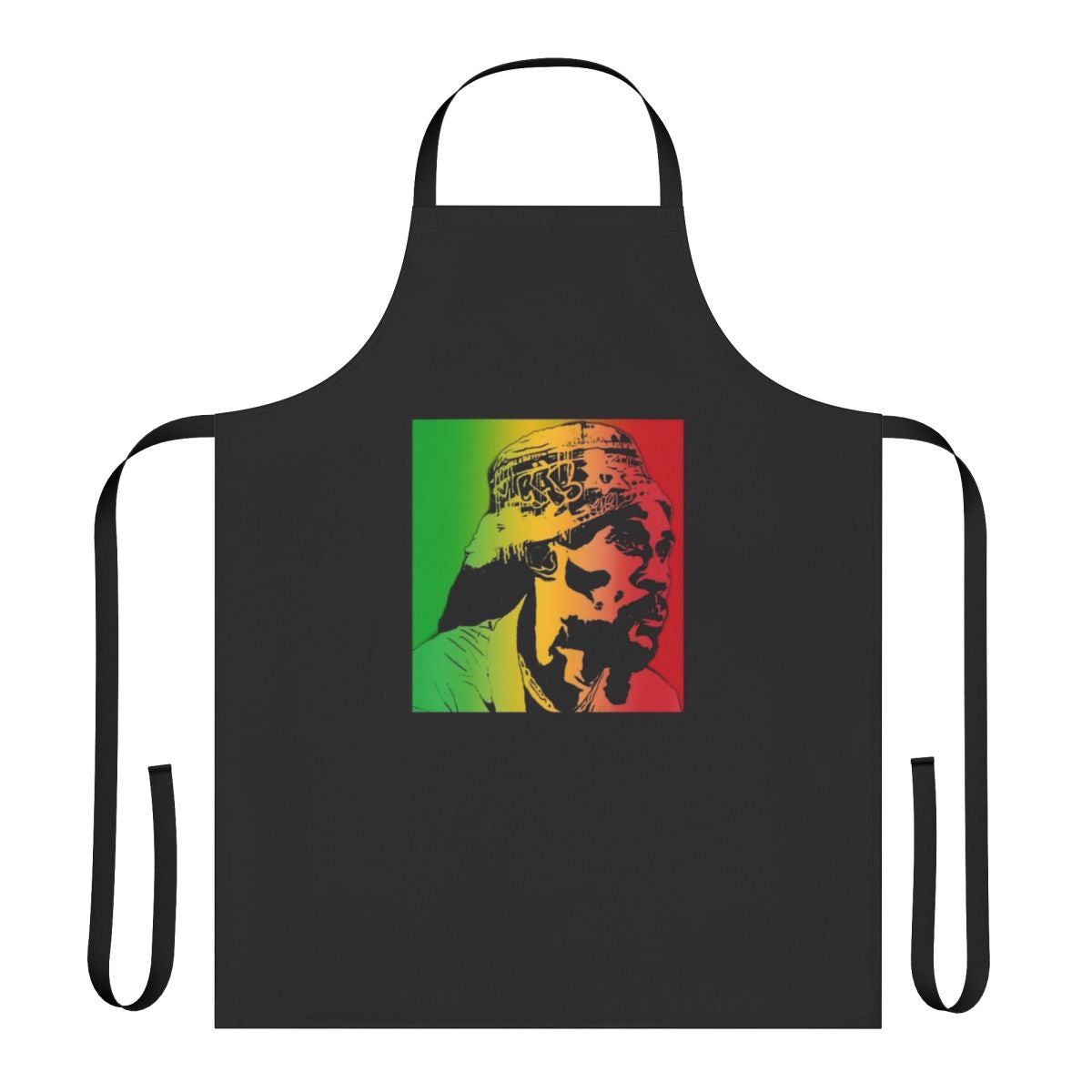 Reggae-inspired apron featuring Vaughn Benjamin's iconic artwork and Rastafarian colors