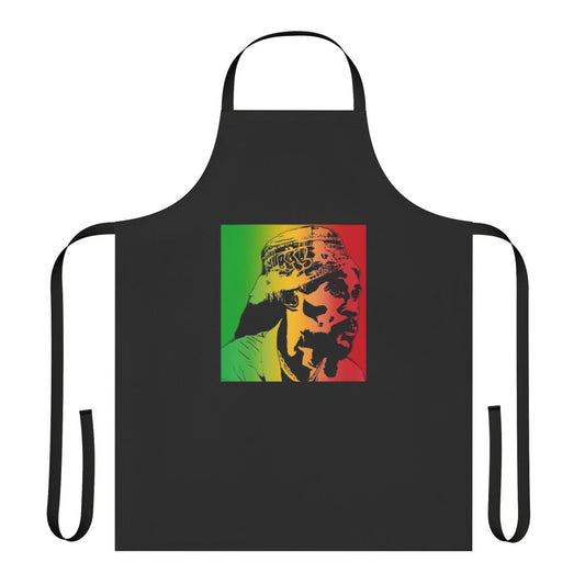 Reggae-inspired apron featuring Vaughn Benjamin's iconic artwork and Rastafarian colors