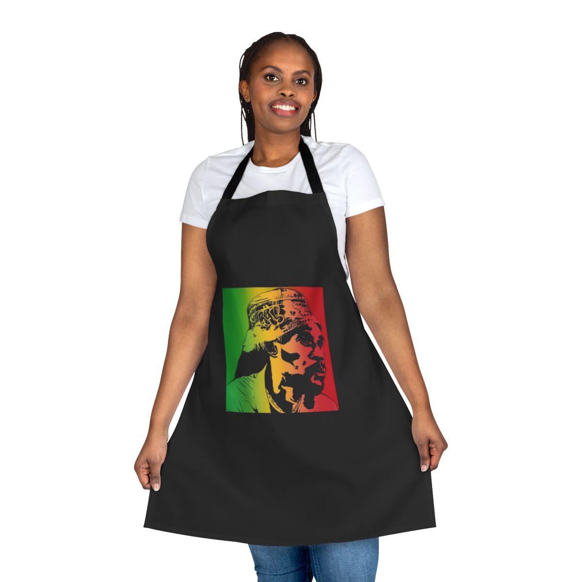Reggae-inspired apron featuring Vaughn Benjamin's iconic artwork and Rastafarian colors