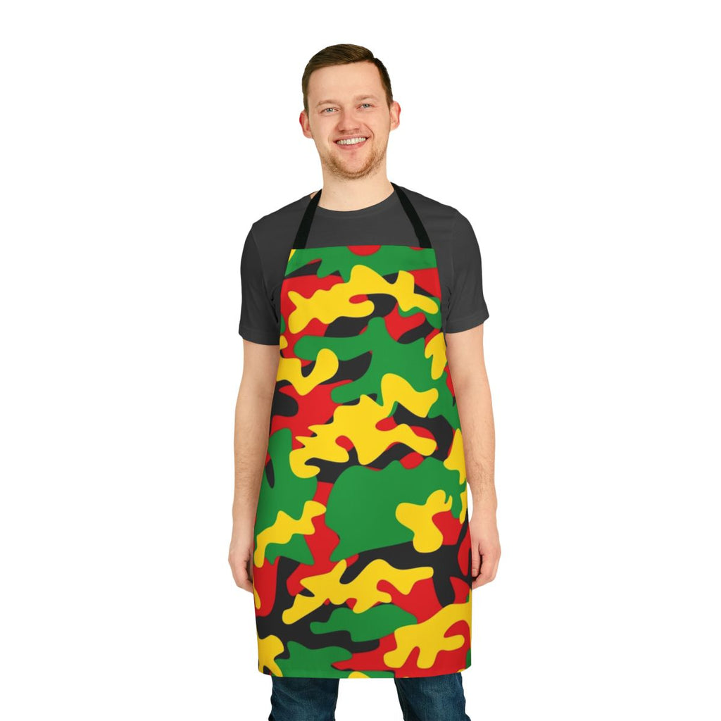 Colorful reggae-themed camouflage apron