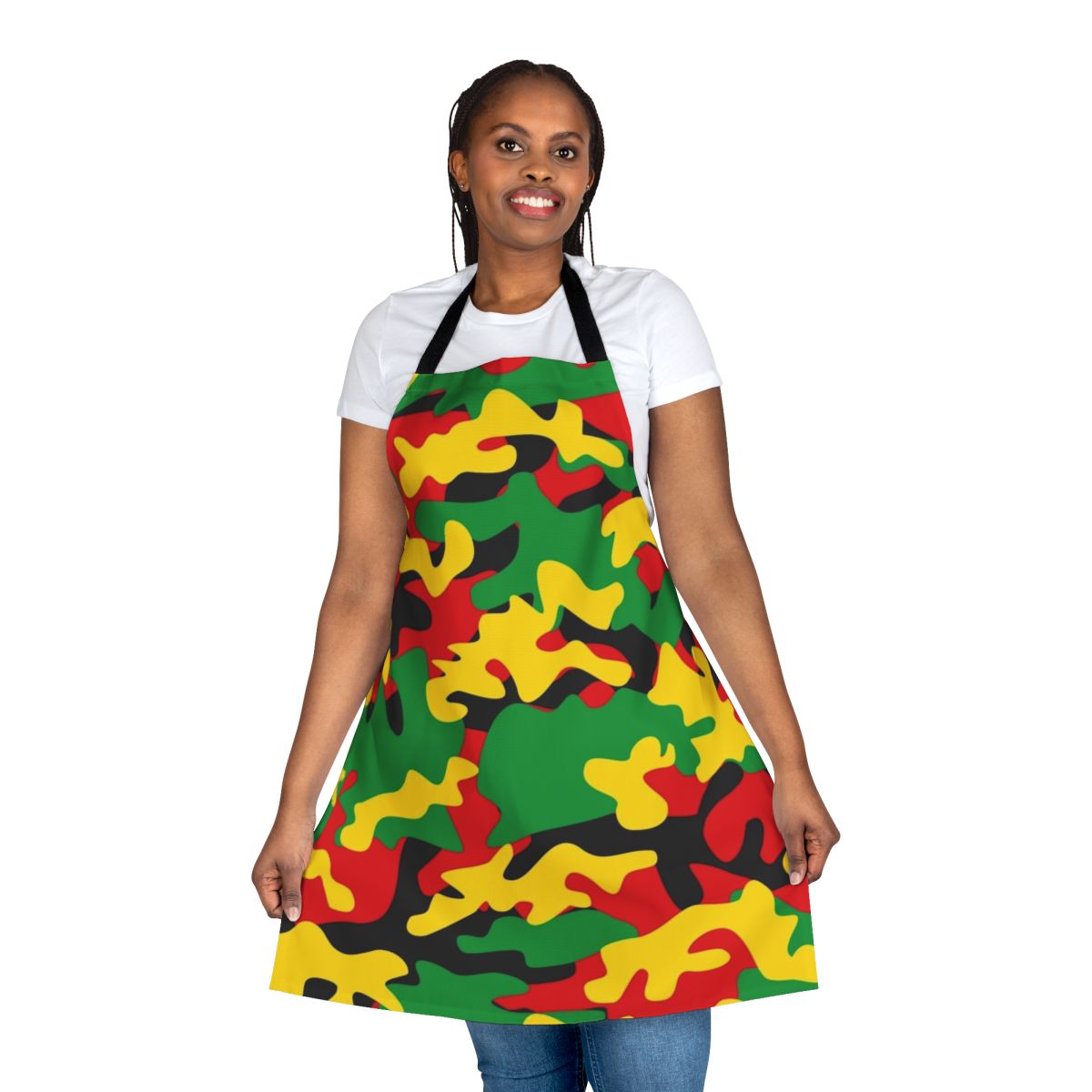 Colorful reggae-themed camouflage apron