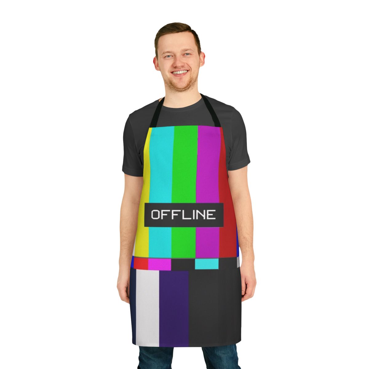 Colorful striped apron with retro analog television test pattern design