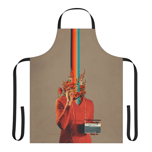 Colorful surreal vintage collage pattern featured on a durable, adjustable kitchen apron.
