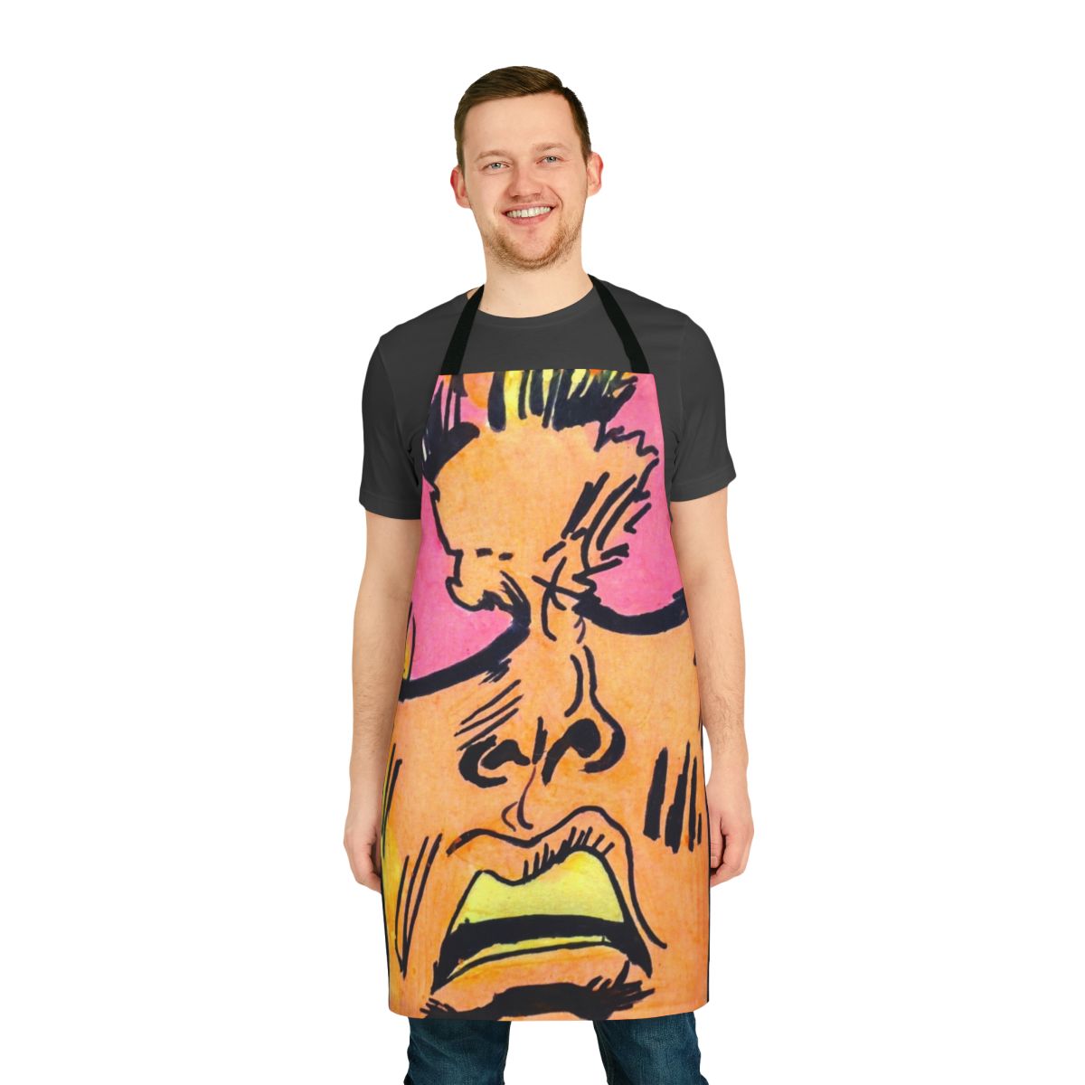 Colorful acrylic painting of an emotive comic book character with flames and a fiery backdrop