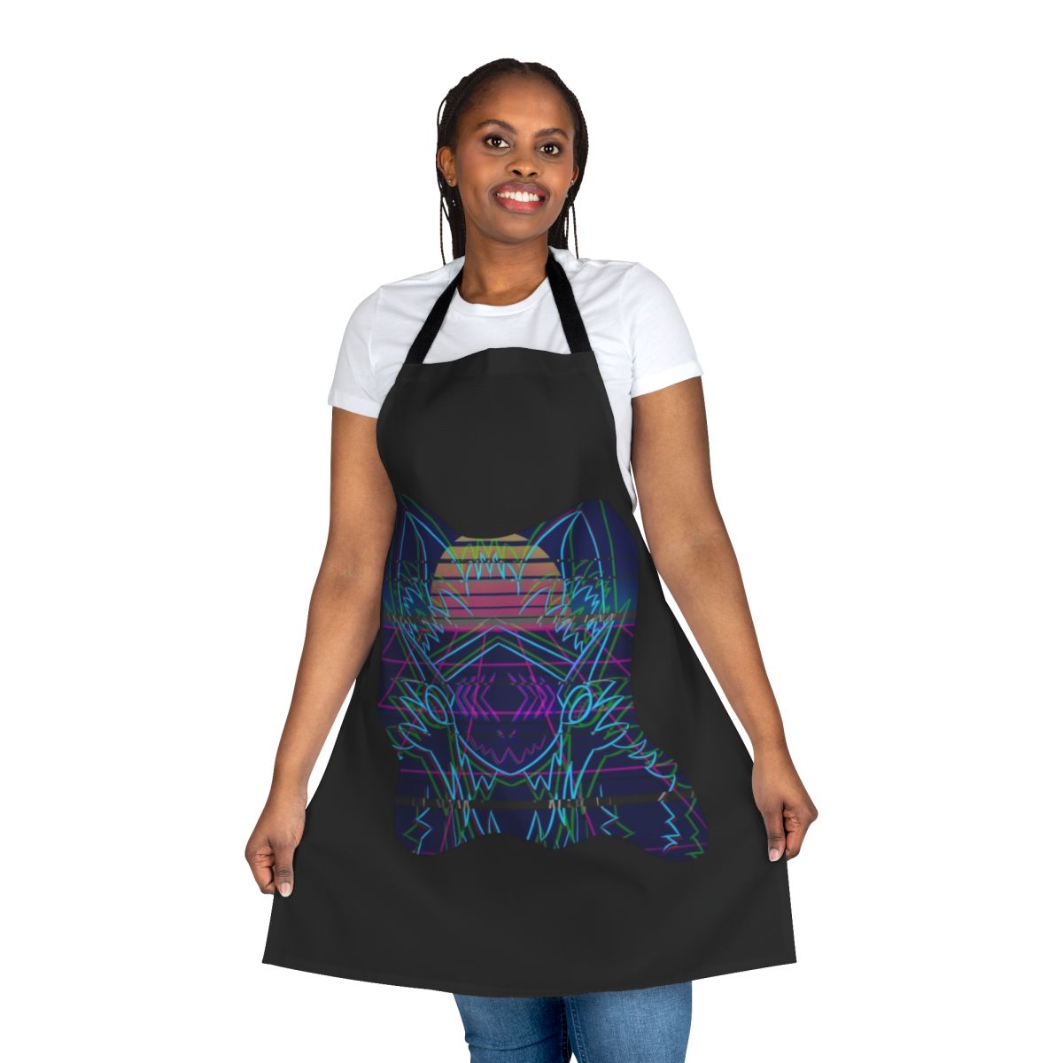 Colorful retro-style DJ apron featuring a protogen-inspired cartoon character, perfect for electronic music and furry art enthusiasts.