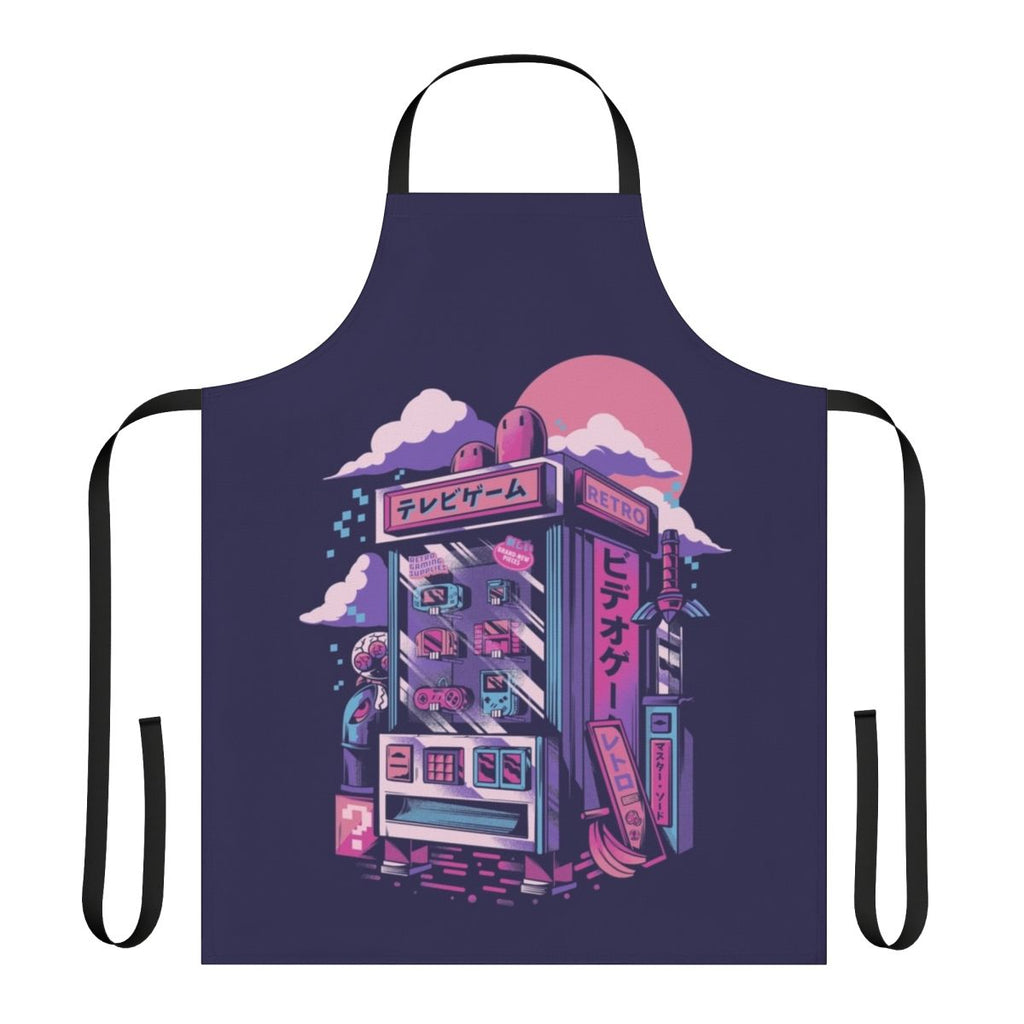 Retro gaming-inspired apron with neon colors, pixel art, and arcade-style graphics
