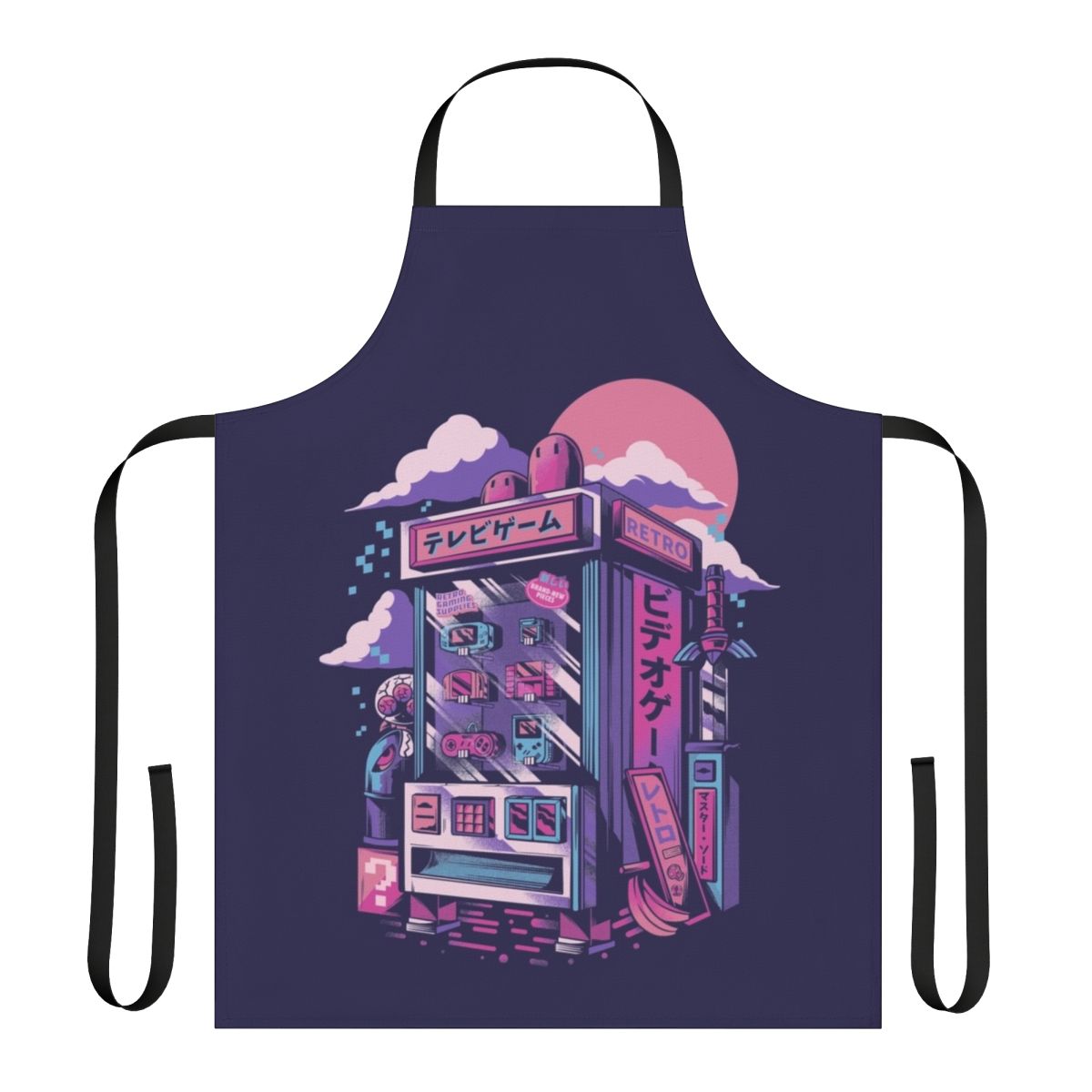 Retro gaming-inspired apron with neon colors, pixel art, and arcade-style graphics