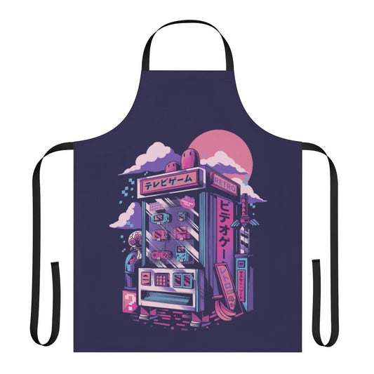 Retro gaming-inspired apron with neon colors, pixel art, and arcade-style graphics