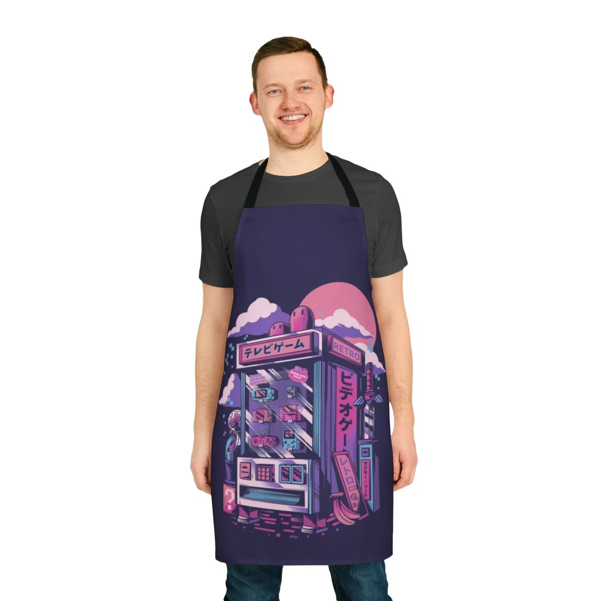 Retro gaming-inspired apron with neon colors, pixel art, and arcade-style graphics