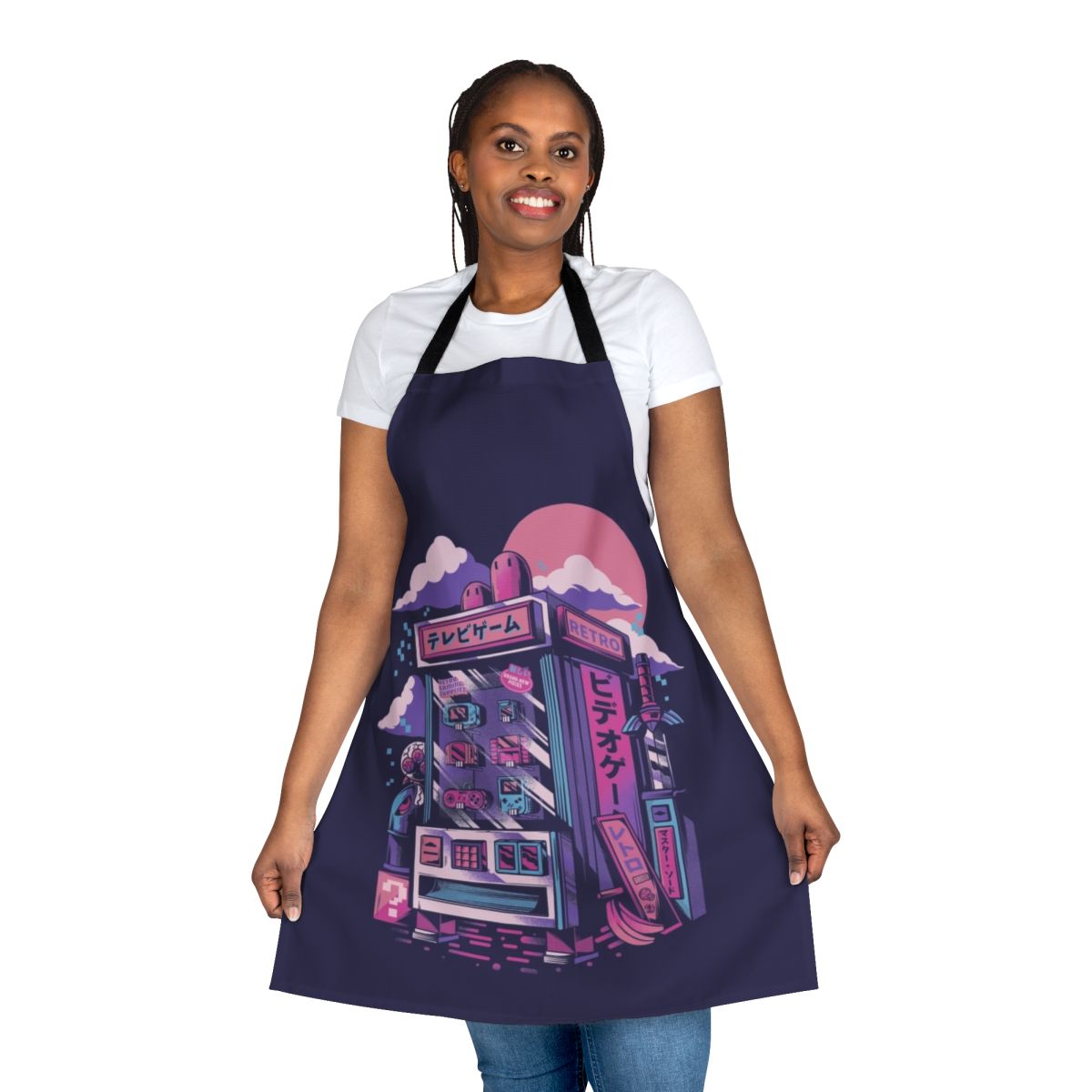 Retro gaming-inspired apron with neon colors, pixel art, and arcade-style graphics