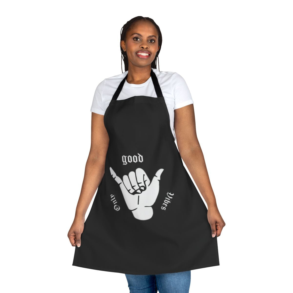 Colorful vintage-style apron with "Good Vibes Only" quote