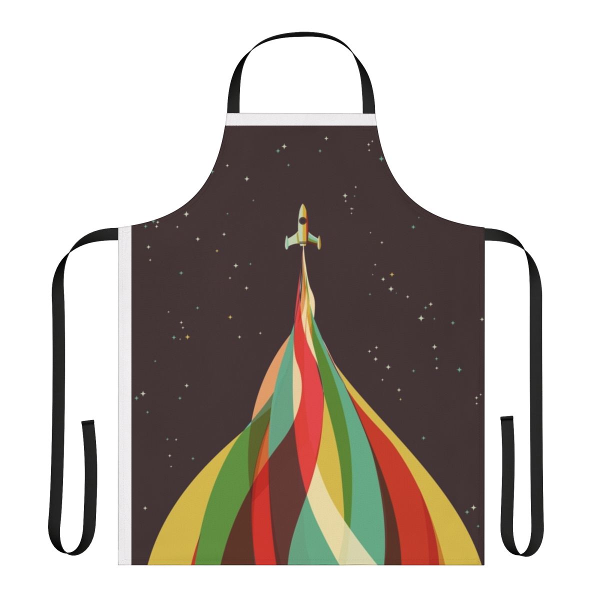 Kaleidoscopic apron featuring a retro rocket design against a starry backdrop