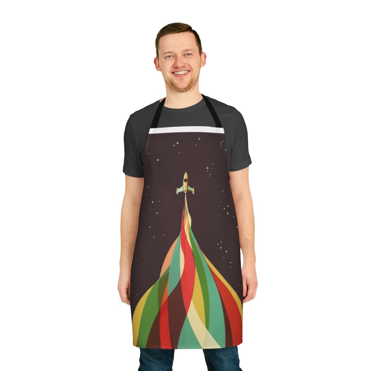 Kaleidoscopic apron featuring a retro rocket design against a starry backdrop