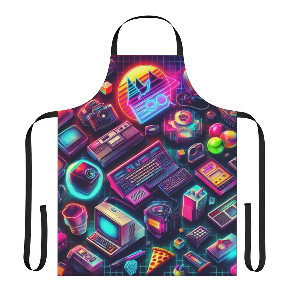 Colorful retro tech pattern apron with neon graphics and a vintage computer design