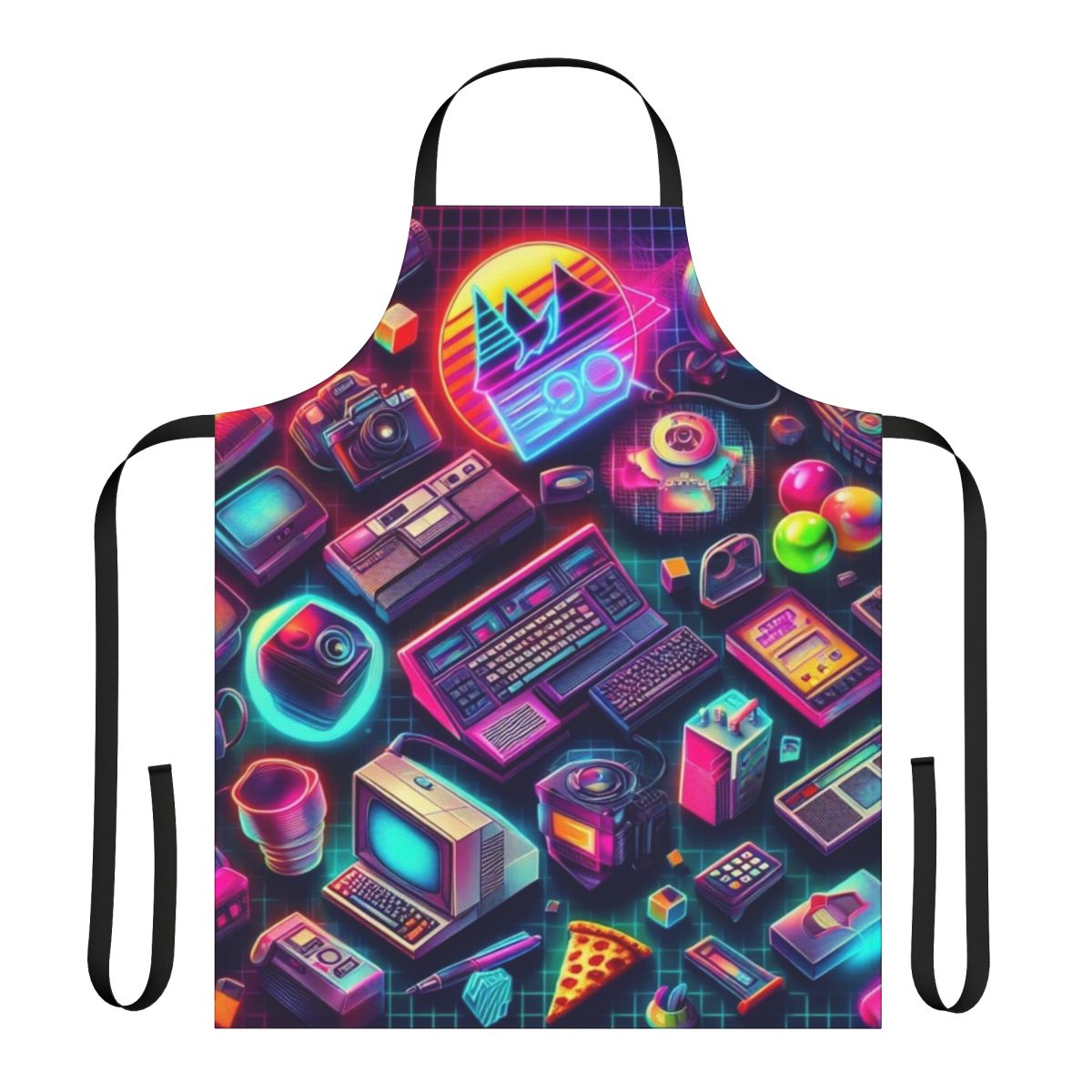 Colorful retro tech pattern apron with neon graphics and a vintage computer design