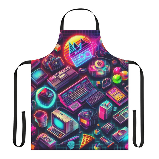 Colorful retro tech pattern apron with neon graphics and a vintage computer design