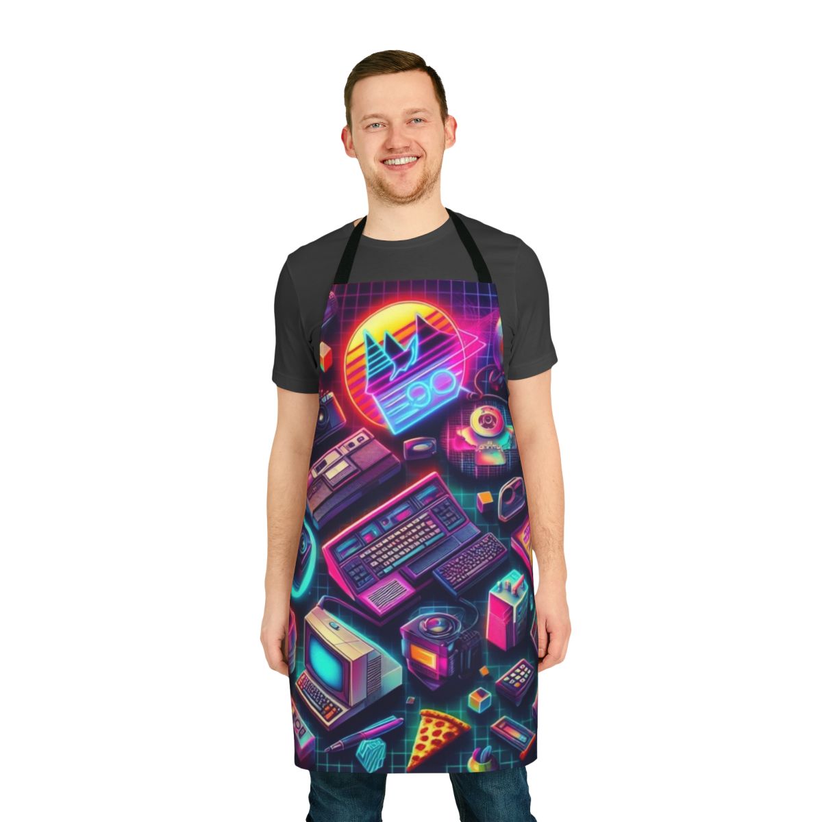 Colorful retro tech pattern apron with neon graphics and a vintage computer design