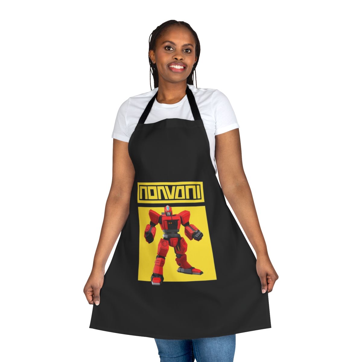 Stylish yellow apron featuring a robot hero graphic design