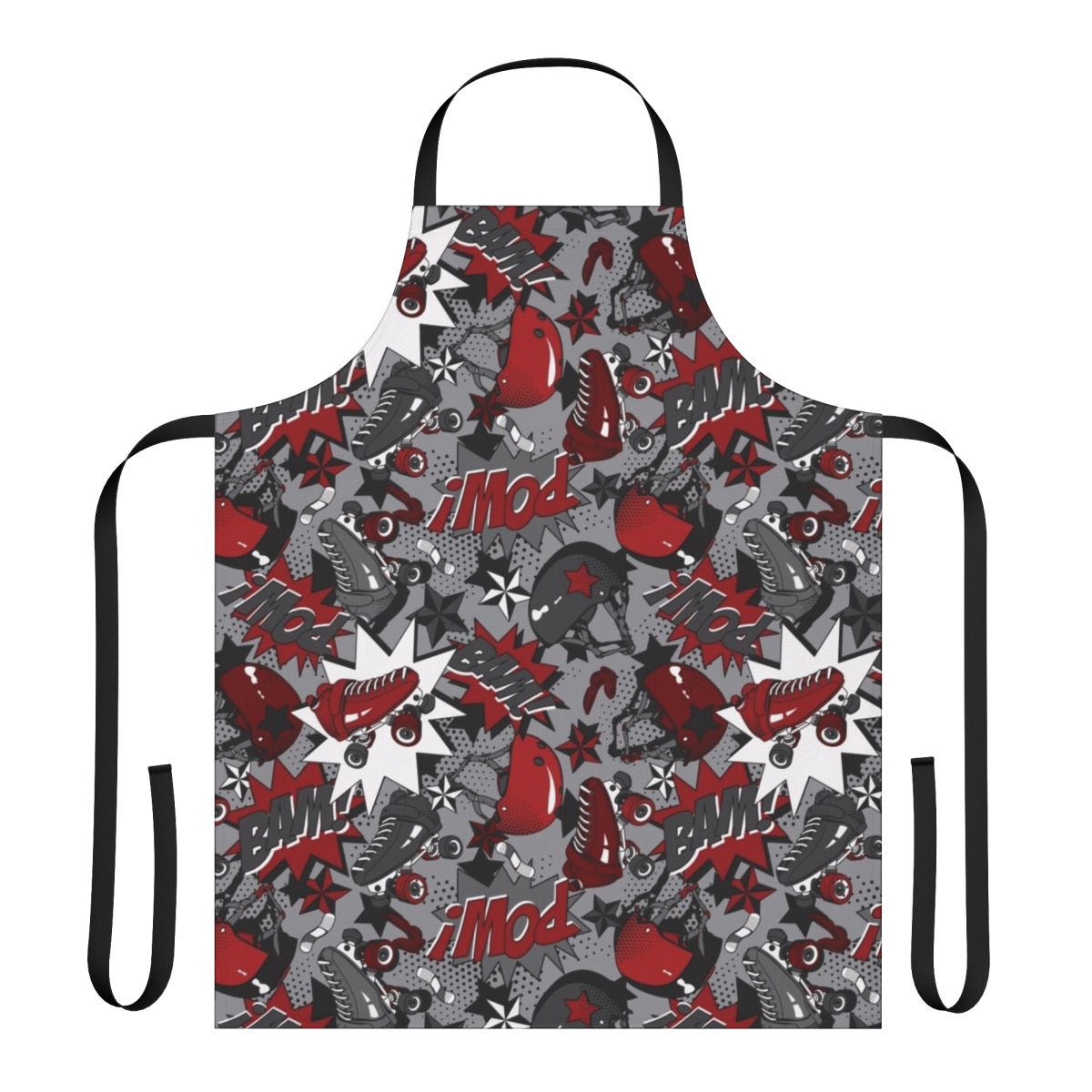 Roller derby inspired apron with vibrant pop art graphics and cartoon imagery
