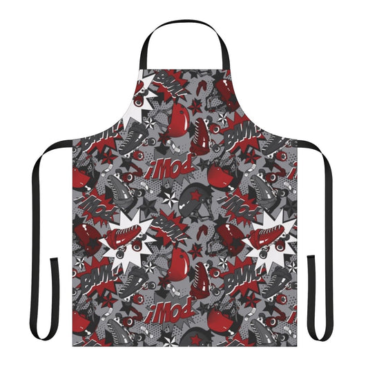 Roller derby inspired apron with vibrant pop art graphics and cartoon imagery