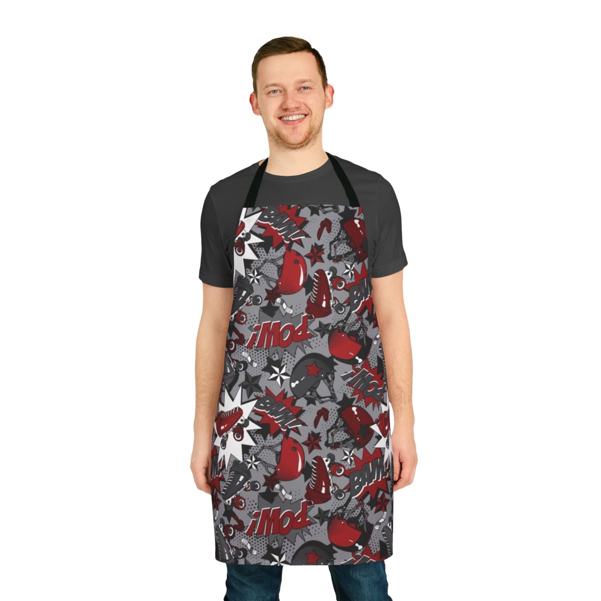 Roller derby inspired apron with vibrant pop art graphics and cartoon imagery