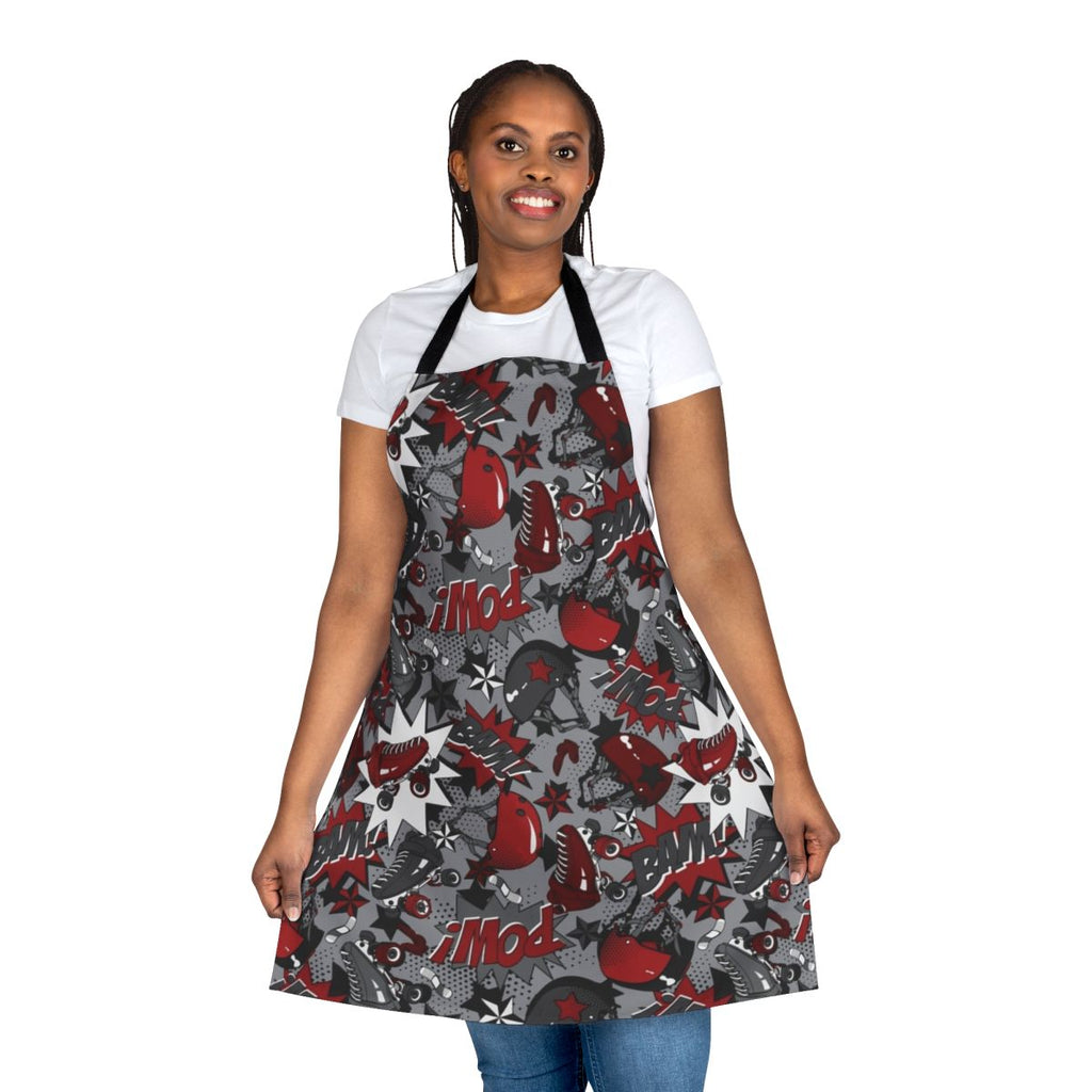 Roller derby inspired apron with vibrant pop art graphics and cartoon imagery