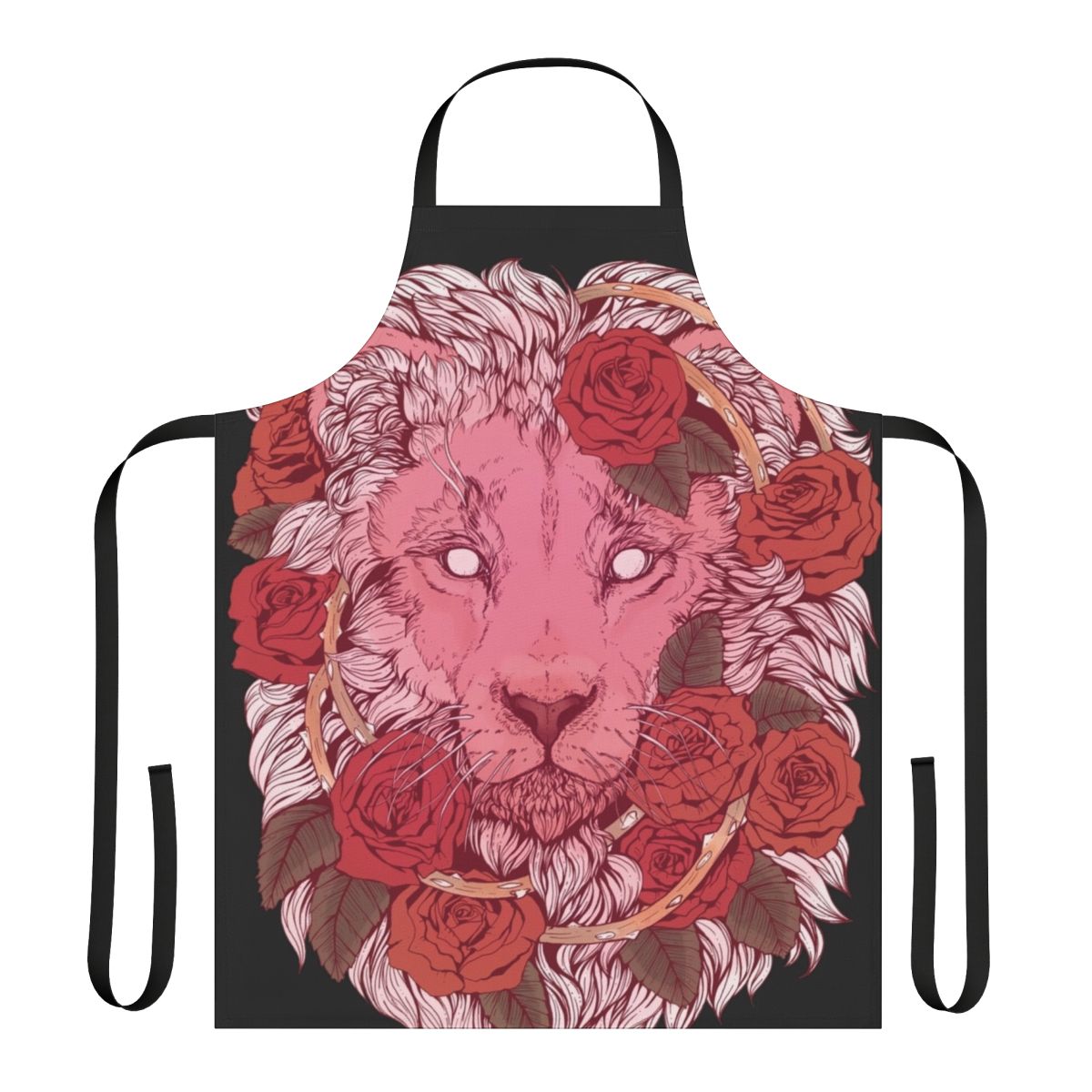 Apron featuring a vibrant illustration of a lion surrounded by roses