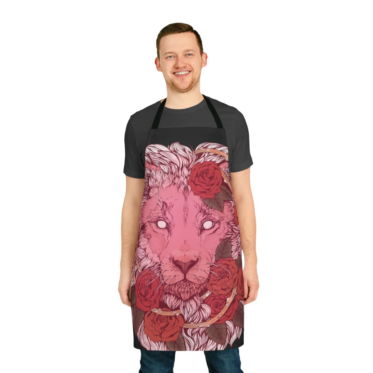 Apron featuring a vibrant illustration of a lion surrounded by roses