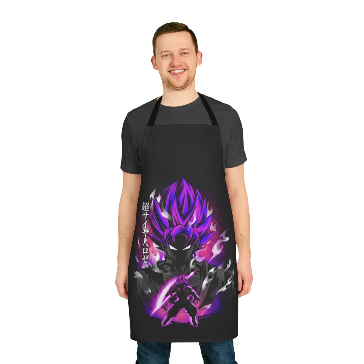 Vibrant rose-inspired anime-style apron with Saiyan and Dragon Ball-inspired design elements