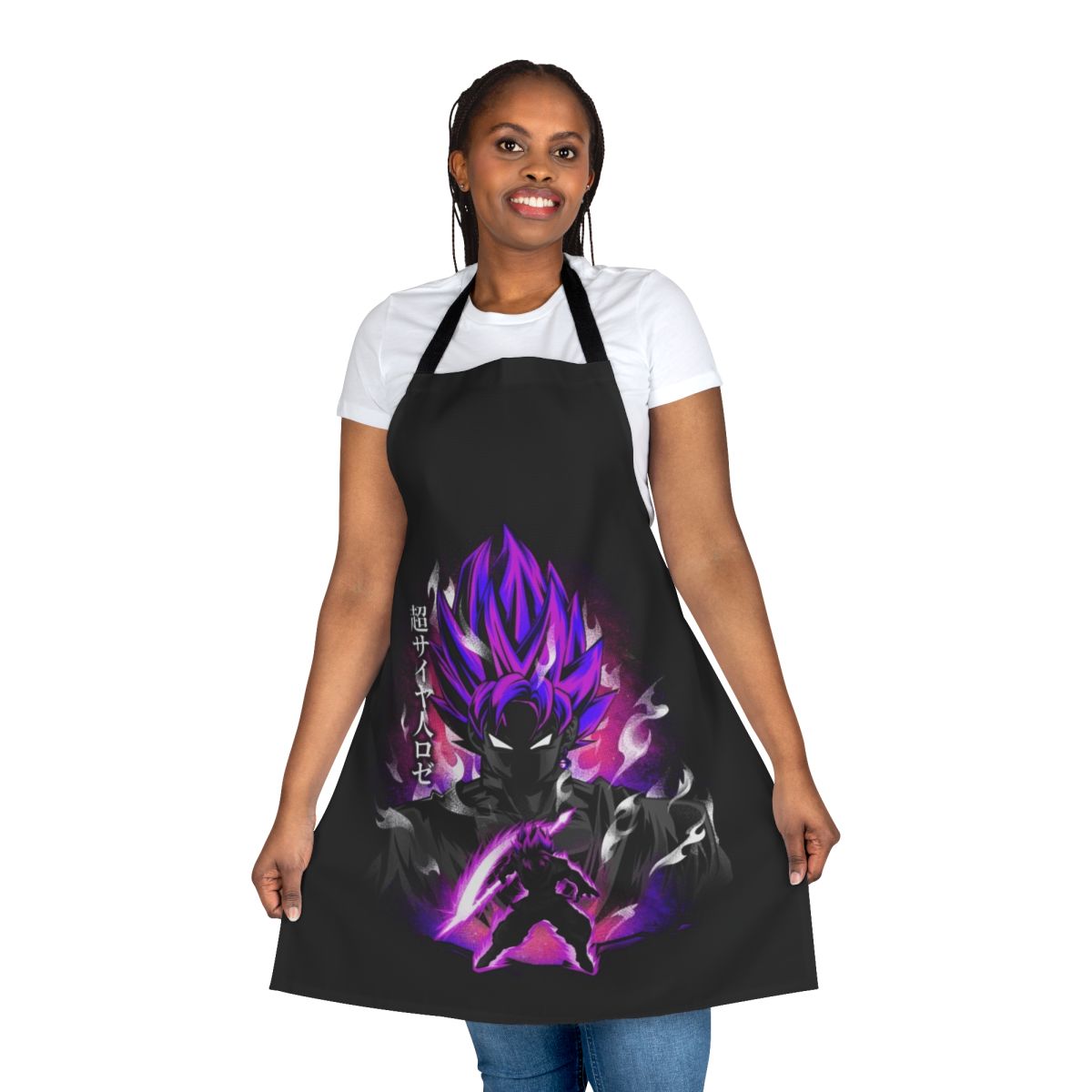 Vibrant rose-inspired anime-style apron with Saiyan and Dragon Ball-inspired design elements