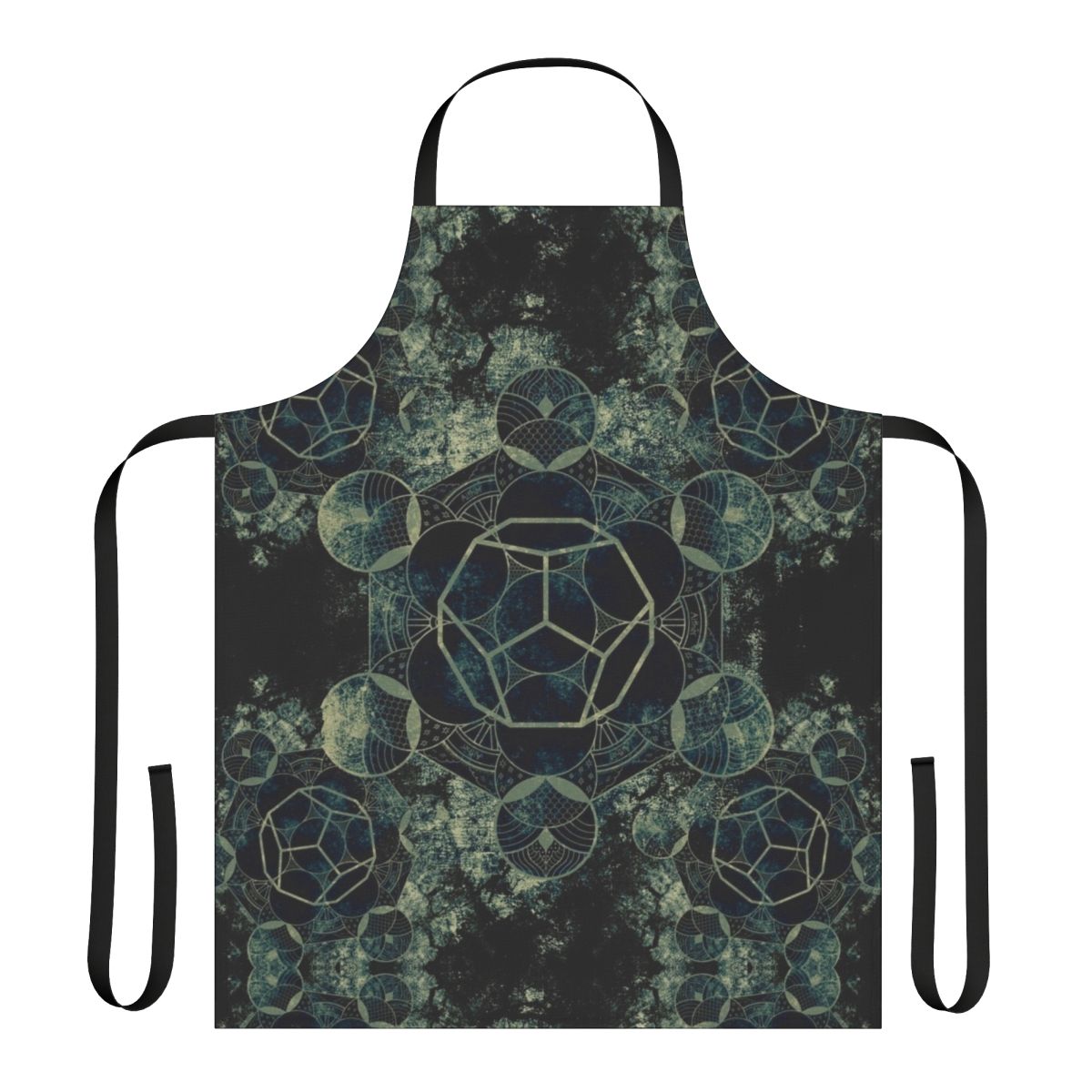 A vibrant apron featuring sacred geometry patterns inspired by yoga and the cosmos.