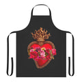 Vibrant red apron featuring sacred heart, immaculate heart, and traditional catholic art