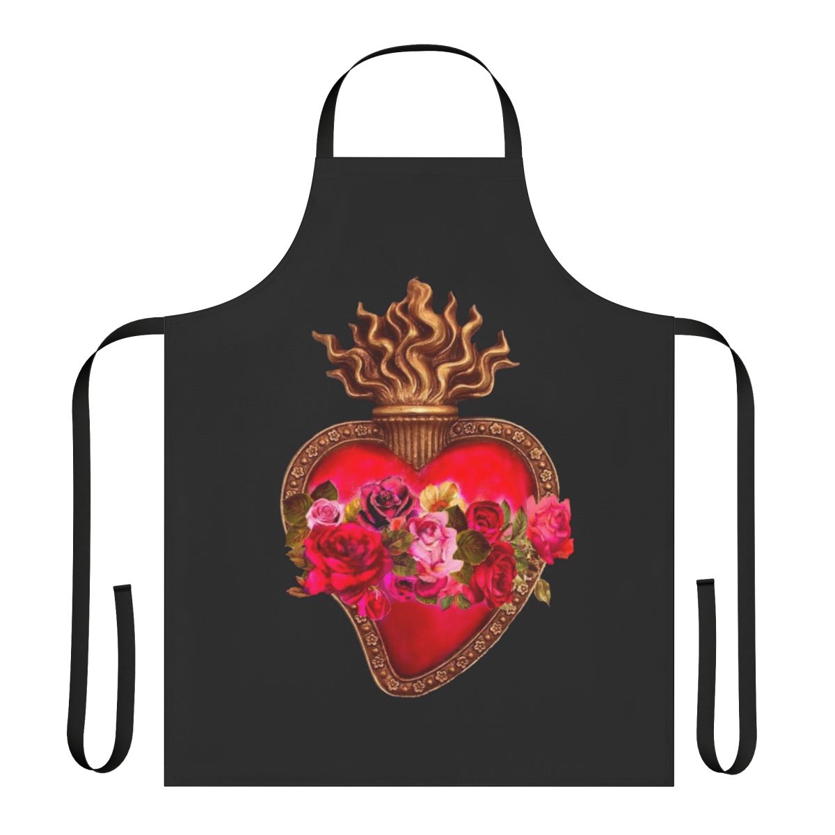 Vibrant red apron featuring sacred heart, immaculate heart, and traditional catholic art