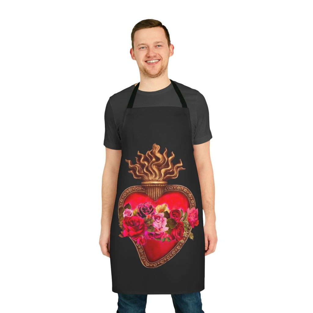 Vibrant red apron featuring sacred heart, immaculate heart, and traditional catholic art