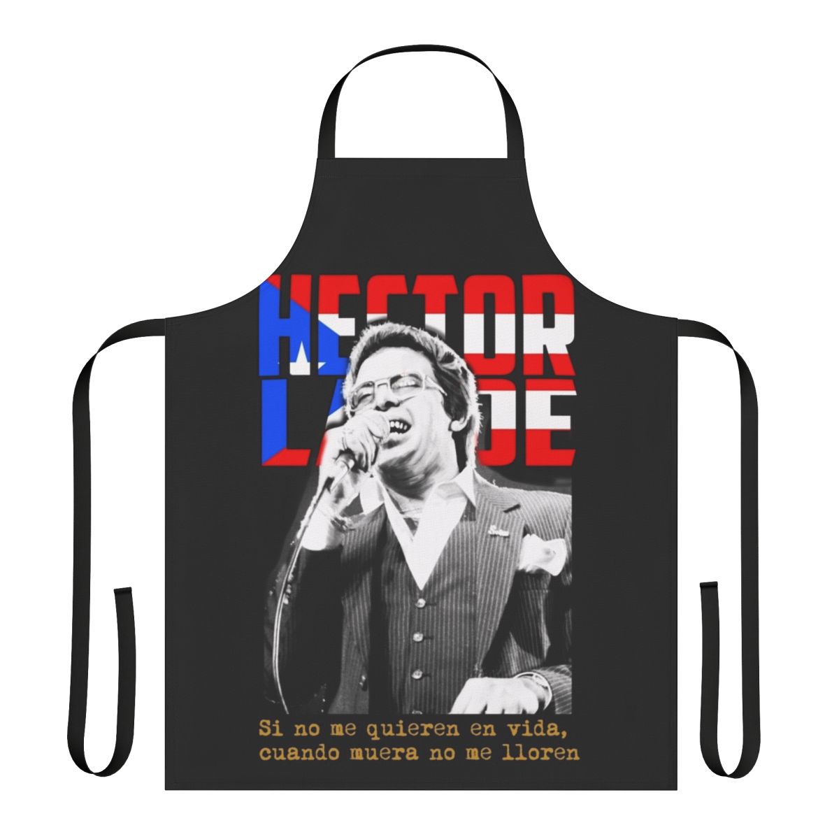Salsa music themed apron with Hector Lavoe, Celia Cruz, and Jose Feliciano