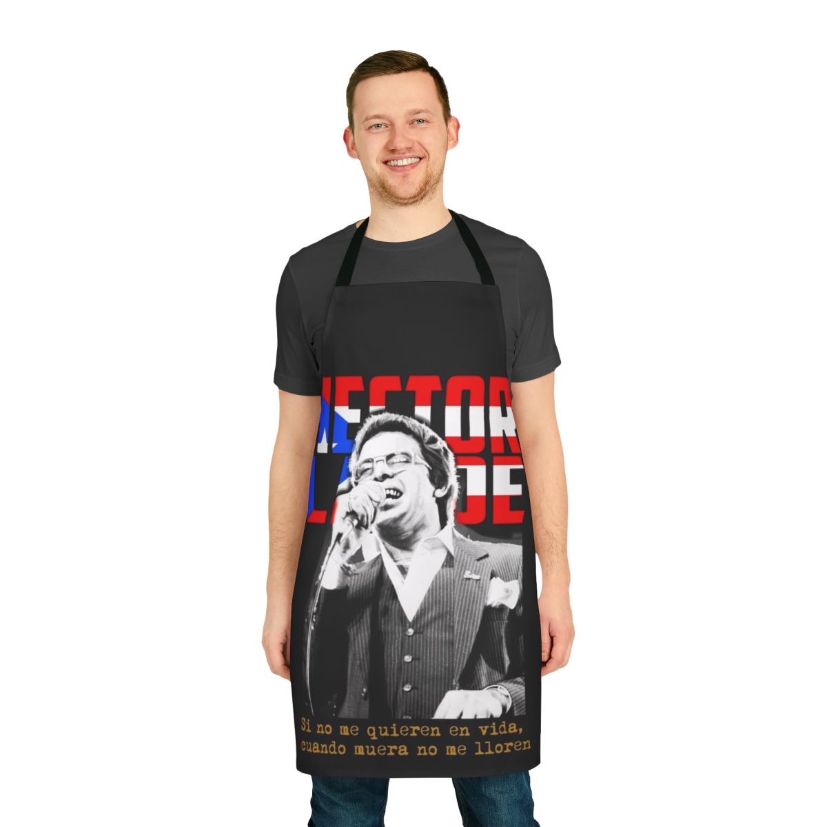 Salsa music themed apron with Hector Lavoe, Celia Cruz, and Jose Feliciano
