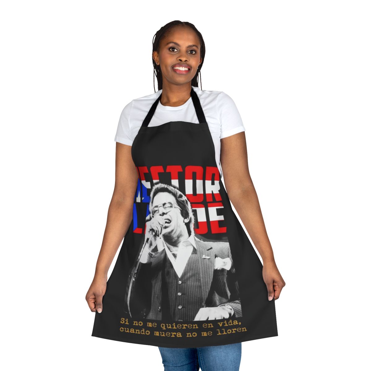 Salsa music themed apron with Hector Lavoe, Celia Cruz, and Jose Feliciano
