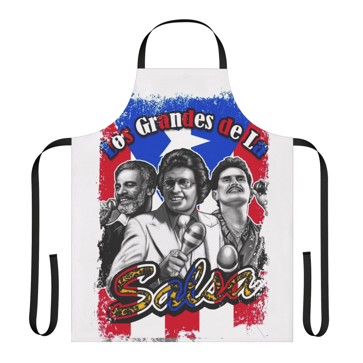 Colorful apron featuring iconic salsa music artists