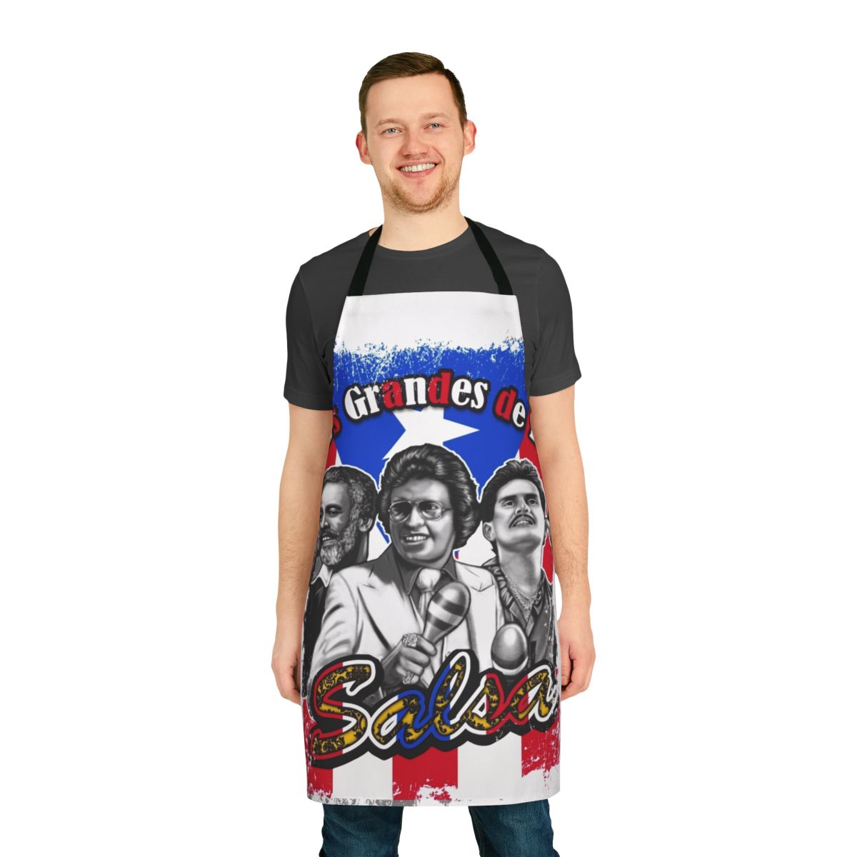 Colorful apron featuring iconic salsa music artists