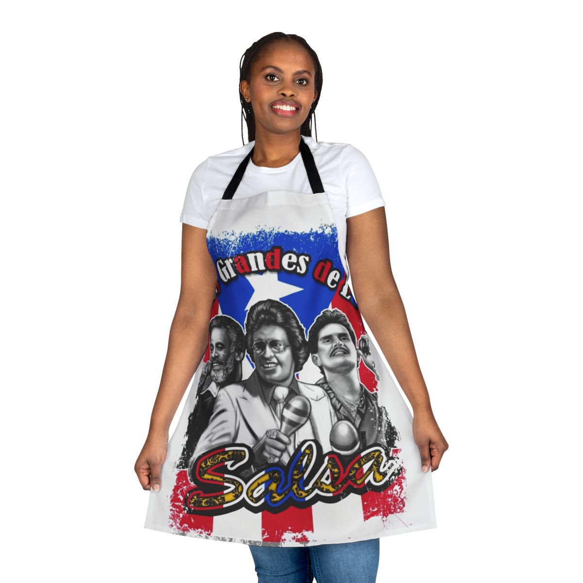 Colorful apron featuring iconic salsa music artists