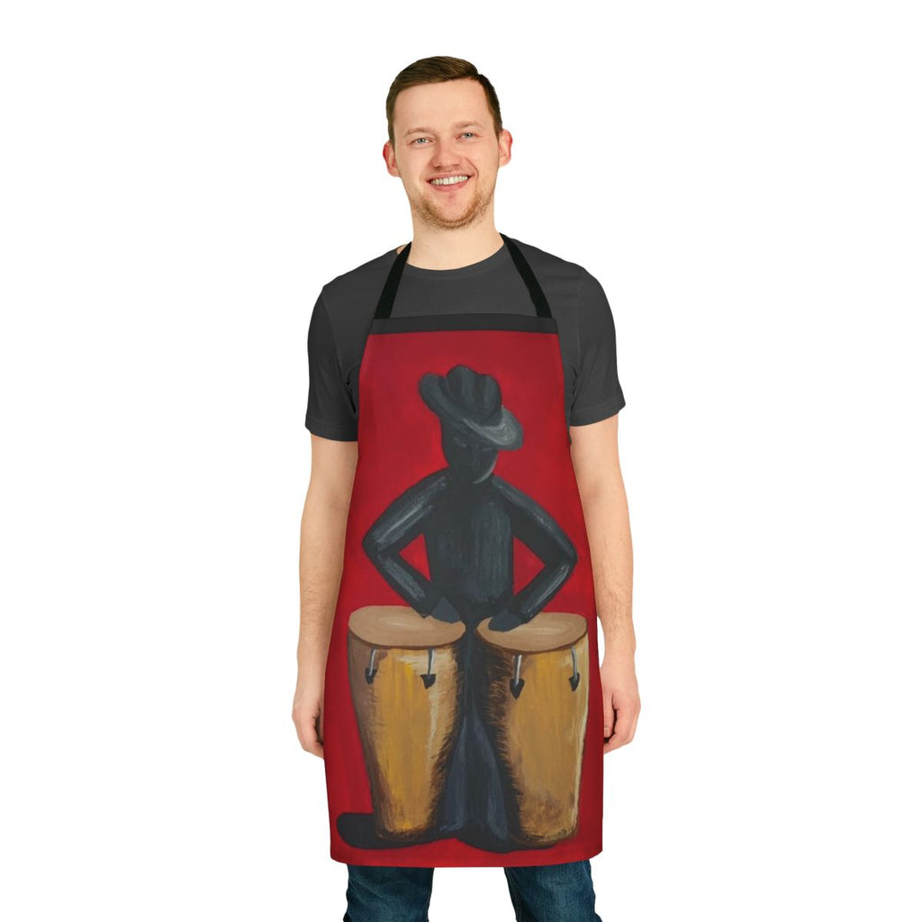 Colorful apron featuring a conga player and salsa music art
