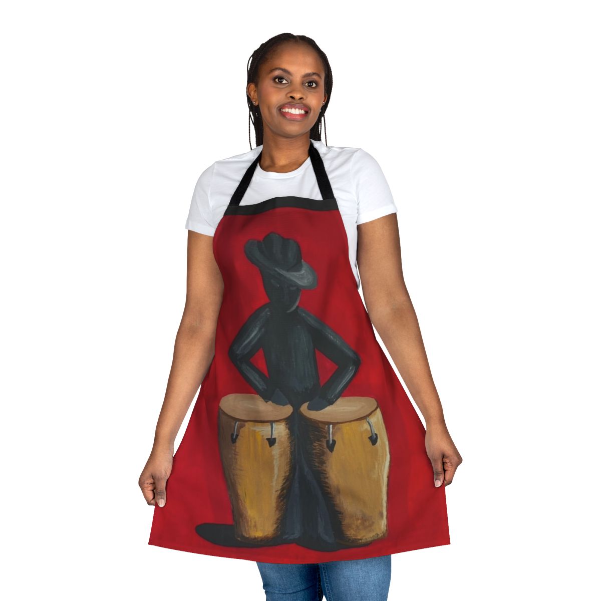 Colorful apron featuring a conga player and salsa music art