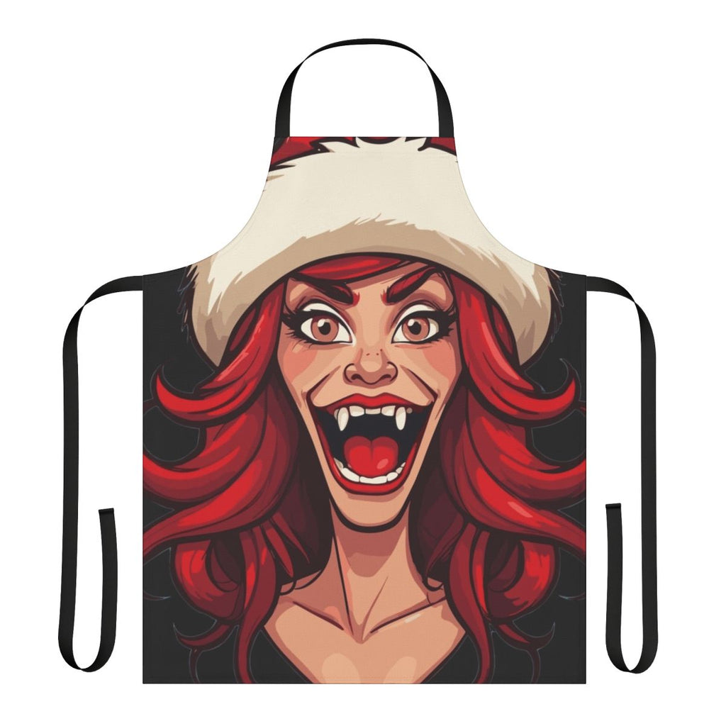 Vibrant apron featuring a Santa-inspired cartoon design with the Big Mouth hormone monster