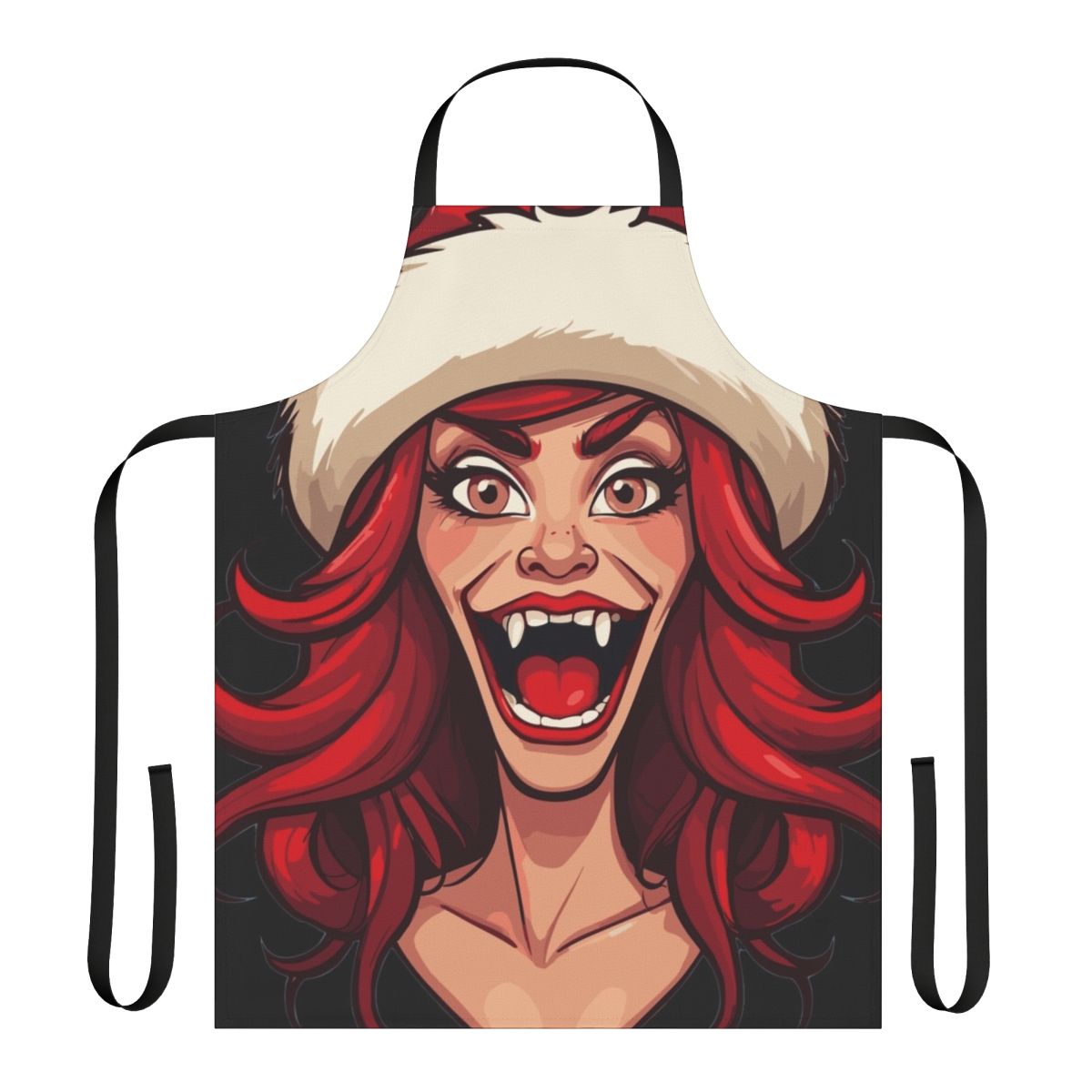 Vibrant apron featuring a Santa-inspired cartoon design with the Big Mouth hormone monster